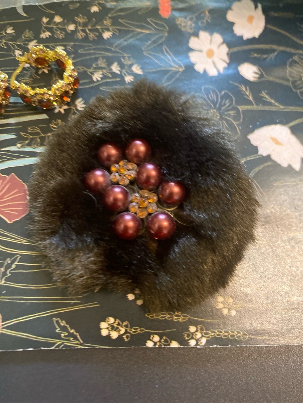 Source Unknown Black Faux‎ Fur Brooch with Burgundy Pearls and Amber Rhinestones